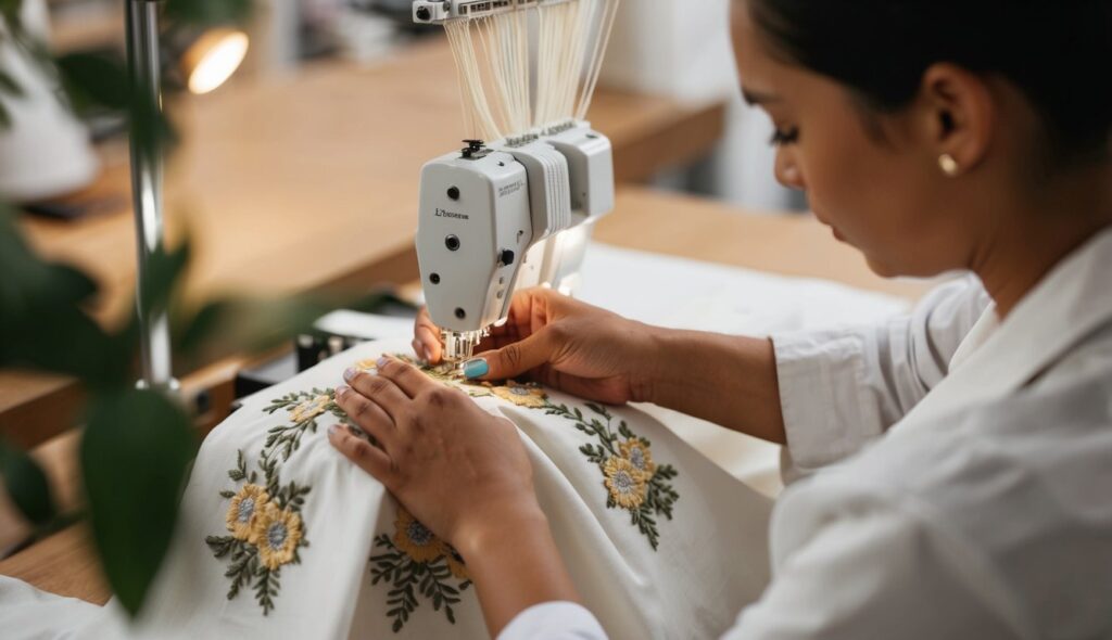 Un brodeur talentueux aligne soigneusement le tissu et les fils, créant un entoilage broderie impeccable.