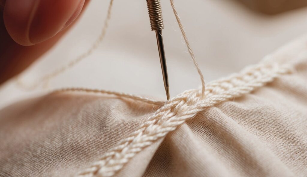 Une aiguille tirant le fil à travers un tissu délicat, créant une broderie complexe avec précision et soin.