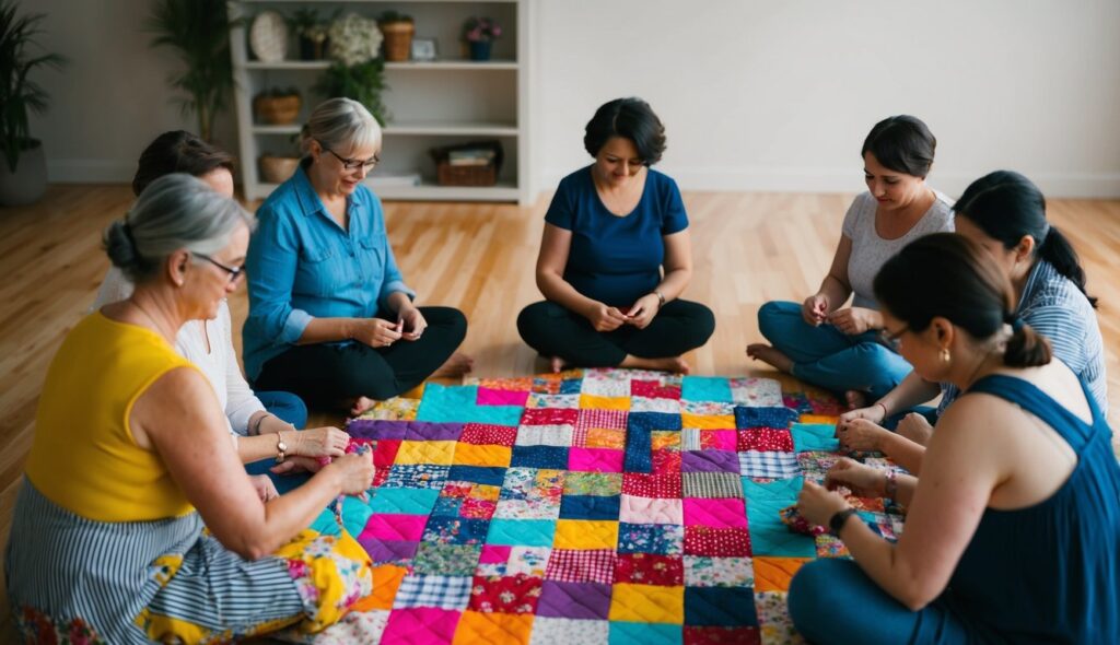 Un groupe de femmes est assis en cercle, cousant ensemble des carrés de tissu colorés pour créer un patchwork vibrant.