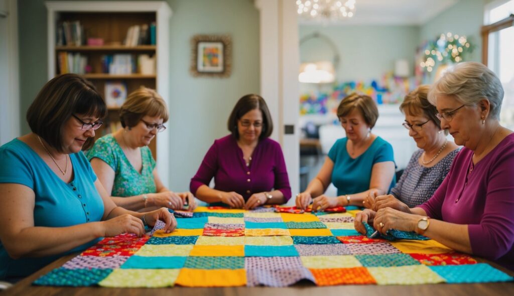 Un groupe de femmes est assis ensemble, cousant des carrés de tissu colorés pour en faire un patchwork vibrant.