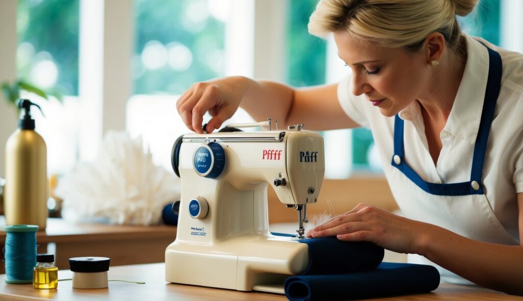 Une couturière huile et nettoie soigneusement sa machine à coudre Pfaff Passport pour la maintenir en bon état.