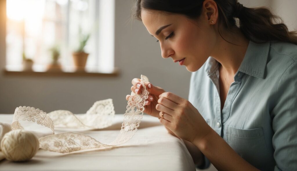 Une femme brode délicatement un morceau de tissu avec un ruban en dentelle anglaise intricate.