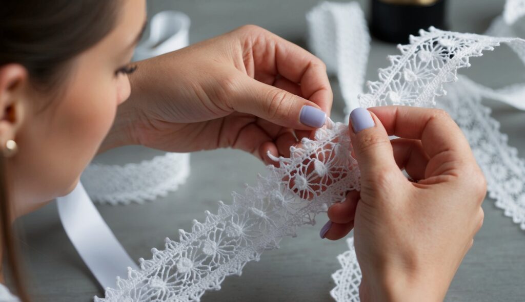 A woman delicately embroiders a white ribbon with intricate English lace patterns