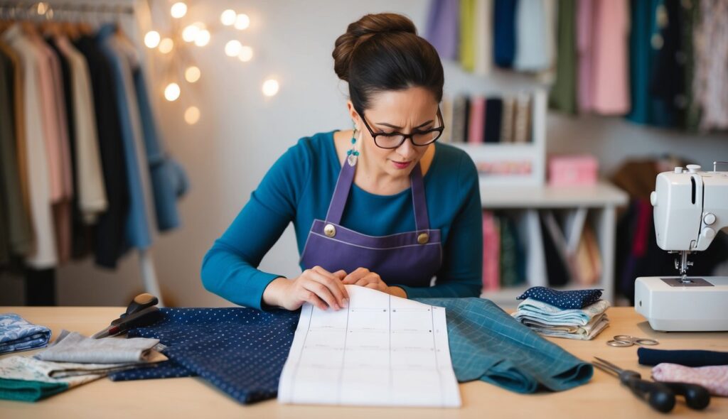 Une couturière étudie attentivement un patron, entourée d'échantillons de tissu et d'outils de couture.