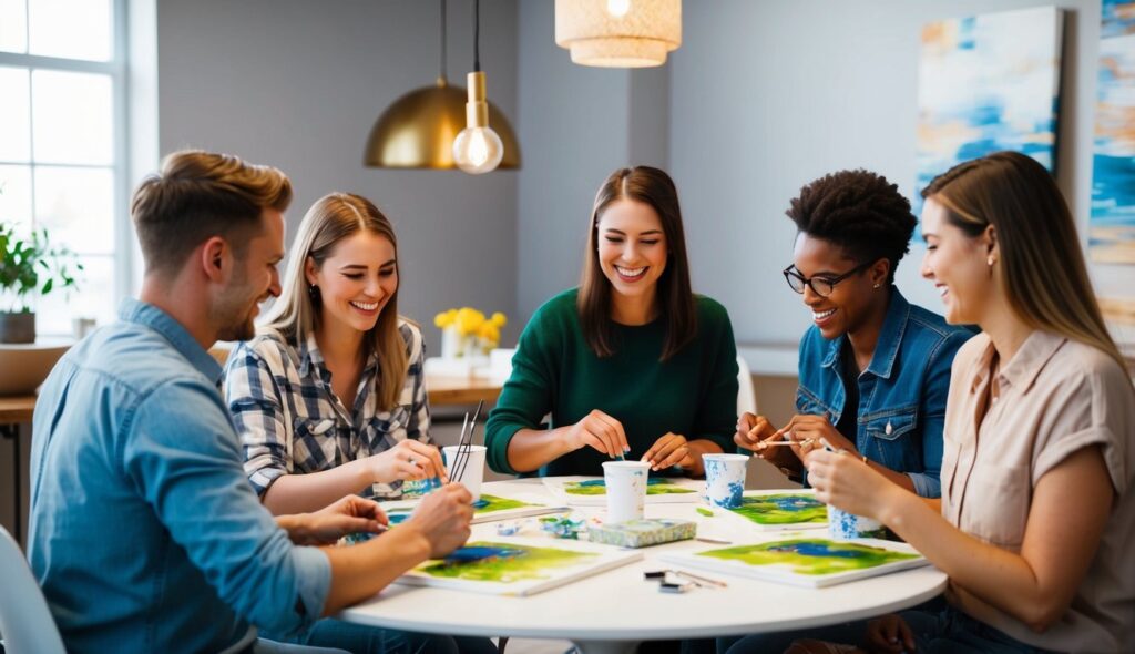 Un groupe d'amis est assis autour d'une table, riant et discutant tout en travaillant sur leurs kits de peinture sur toile. Des couleurs vives et des motifs complexes remplissent la pièce.