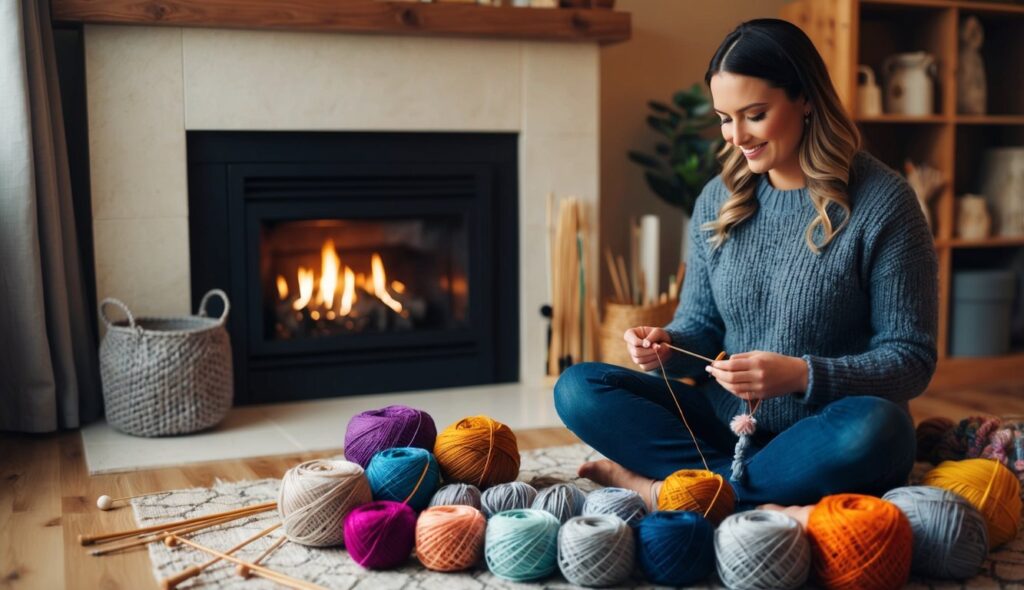 Une femme est assise près d'une cheminée confortable, entourée de pelotes de laine colorées et d'aiguilles à tricoter, créant une variété de projets de tricot complexes.