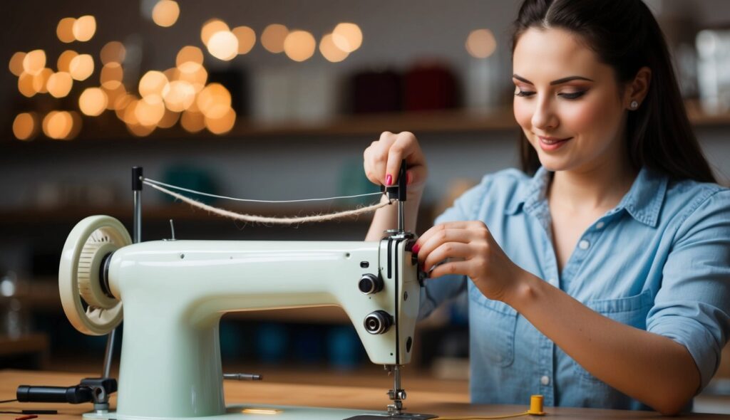 Une femme répare une machine à tricoter.