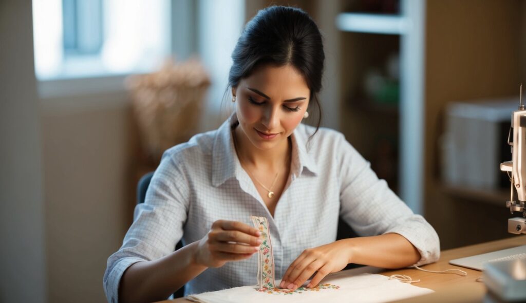 Une femme brode délicatement une écharpe colorée, entourée d'une variété de fils vifs et de motifs complexes.