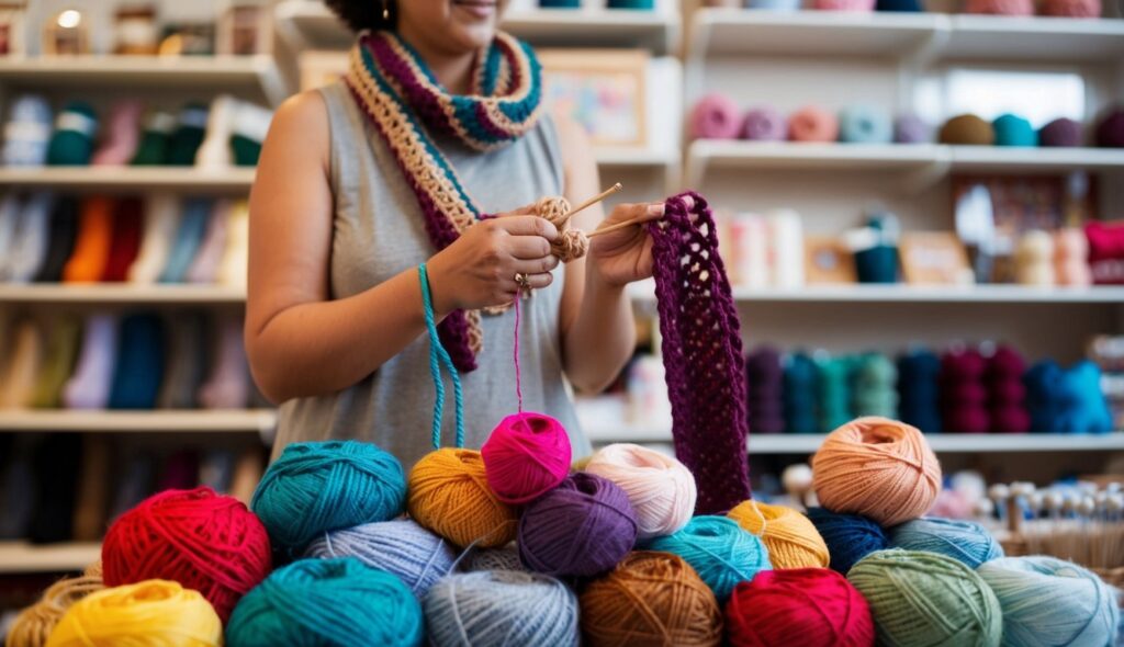 Une personne tient un crochet tunisien et de la laine, entourée d'une variété de fils colorés et de motifs.