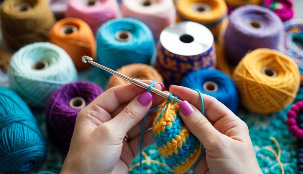 Une personne tient un crochet tunisien et de la laine, prête à commencer un nouveau projet.