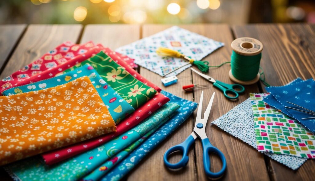 Un kit de patchwork typique : des carrés de tissu colorés, une variété de modèles à motifs, des aiguilles, du fil et une paire de ciseaux disposés sur une table en bois.