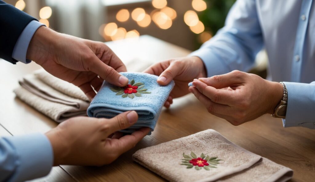 Un client commande des serviettes brodées personnalisées.