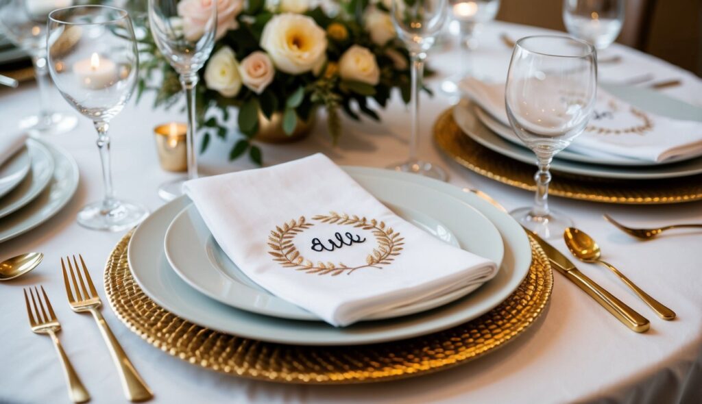 Une décoration de table élégante avec des serviettes brodées personnalisées.