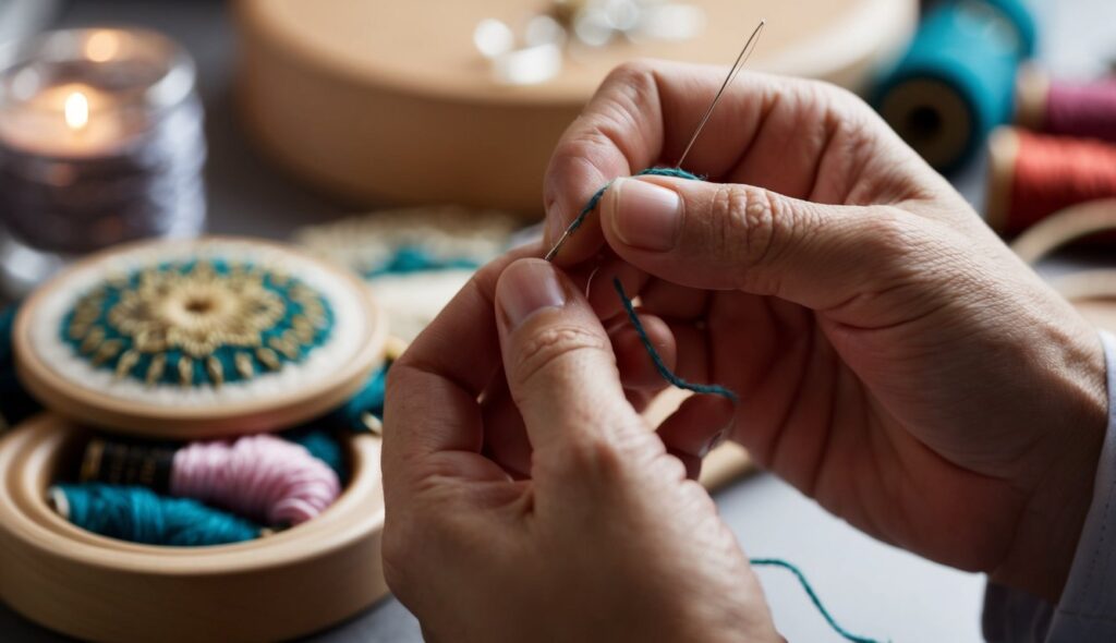 Une main habile renforce méticuleusement des points de broderie délicats avec une aiguille et du fil.