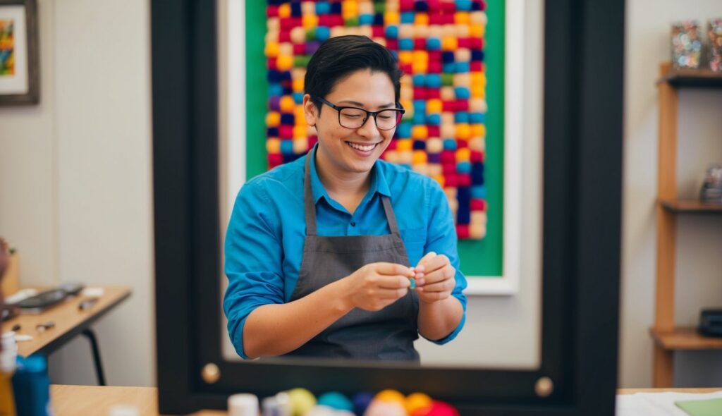 Une personne sourit devant son art de tufting, avec le résultat coloré encadré derrière elle.