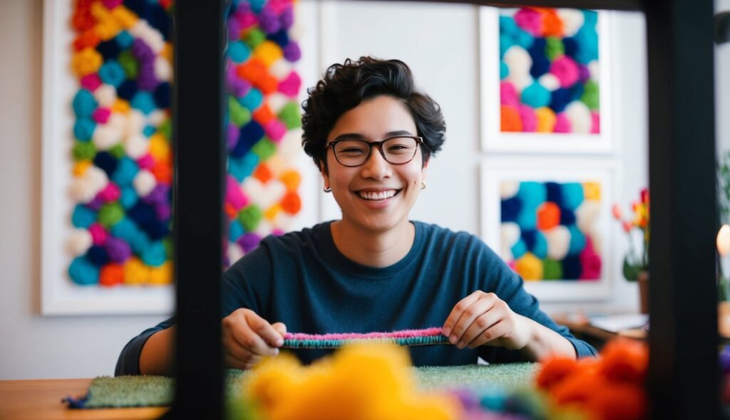 Une personne sourit devant son art de la broderie utilisant une station de cadrage de broderie, avec le résultat coloré encadré derrière elle.