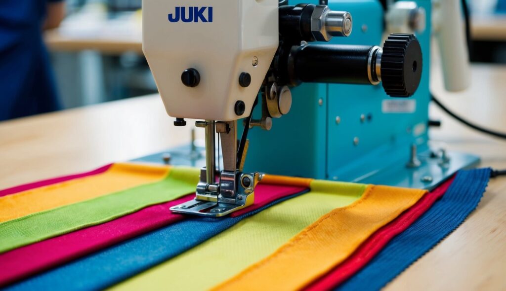 Une machine à surjeter Juki en action, finissant soigneusement les bords d'un tissu coloré avec précision et rapidité.