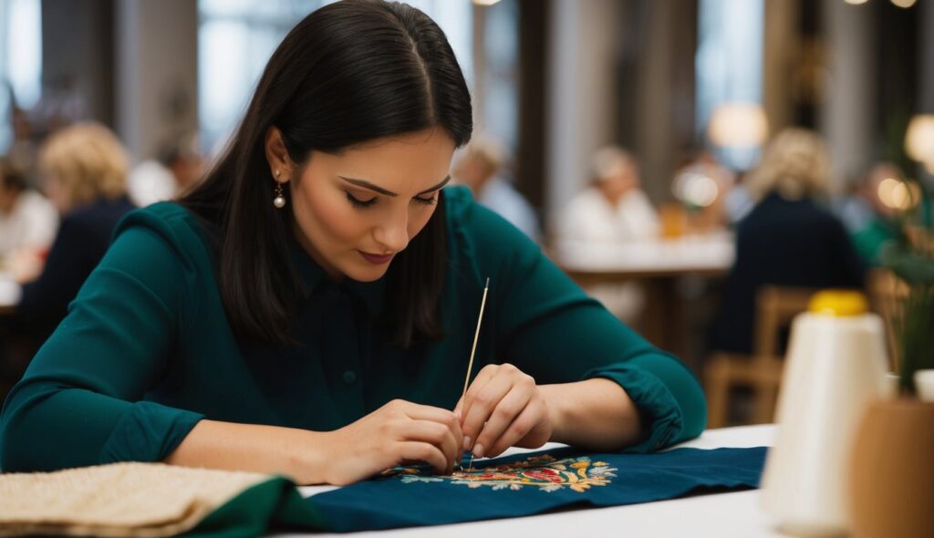 Une femme est assise à une table, aiguille en main, concentrée sur une broderie complexe. Sa concentration est évidente alors qu'elle coud délicatement un motif coloré sur le tissu.