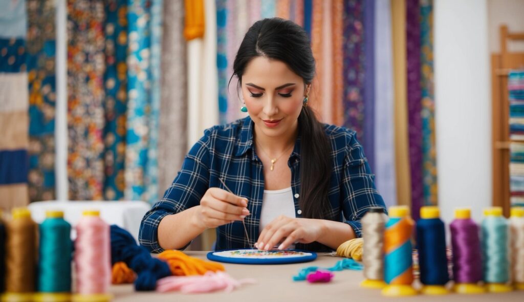 Une femme est assise à une table, aiguille en main, concentrée sur une broderie complexe. Autour d'elle se trouvent des fils colorés et divers motifs.