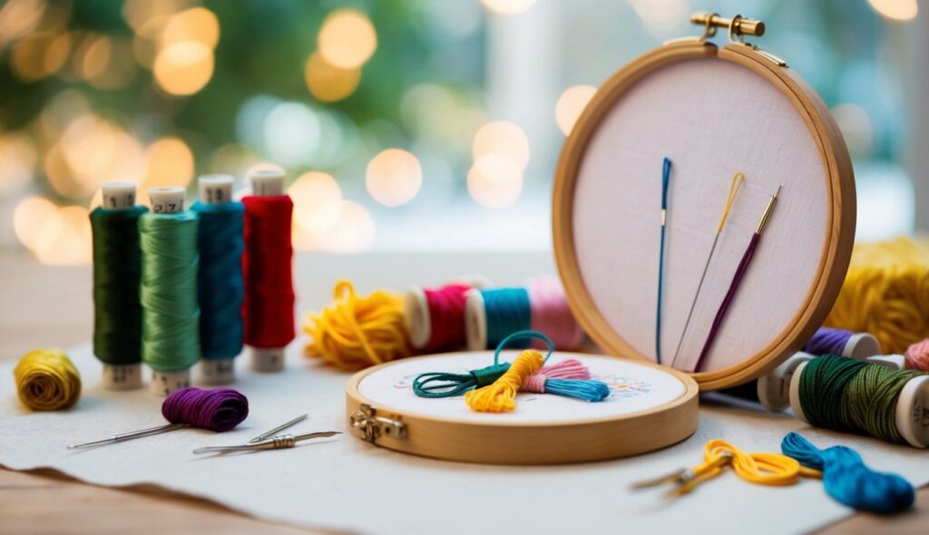 Un kit de broderie pour débutants est exposé sur une table, avec des fils colorés, des aiguilles et un cercle, prêt à être utilisé.