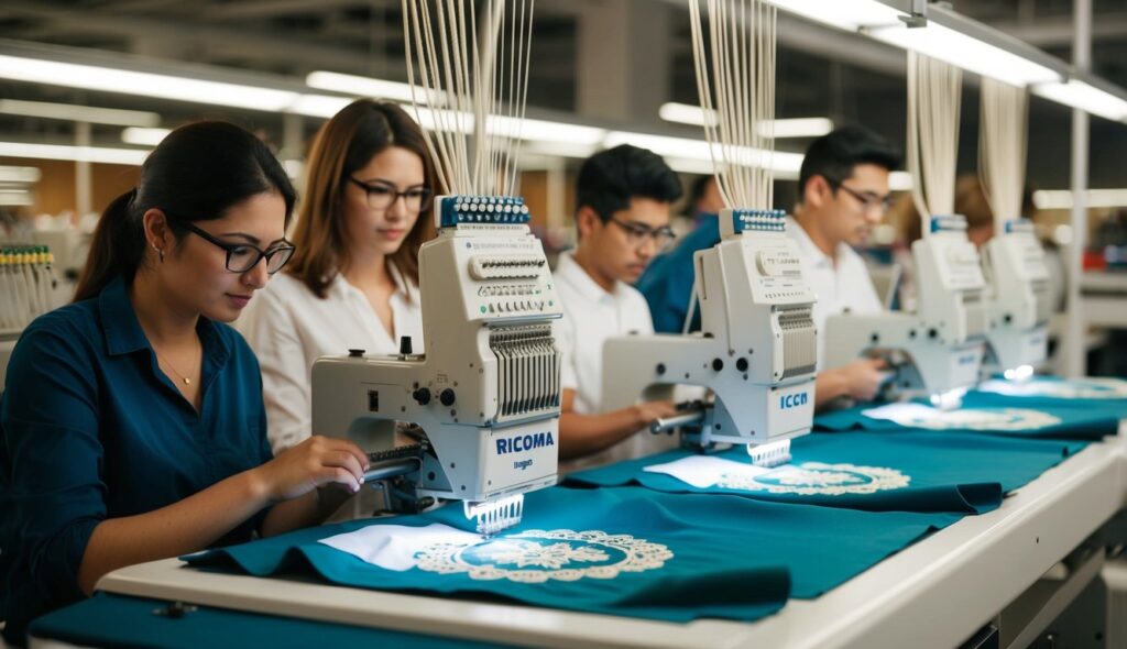 Un groupe de personnes utilise des machines à broder Ricoma, entouré de fils colorés et de tissus, créant des motifs complexes.