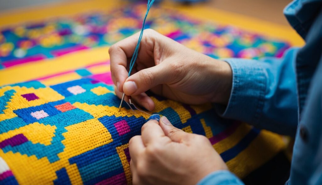 Une personne brode soigneusement un motif coloré sur du tissu en utilisant la technique du point de croix.