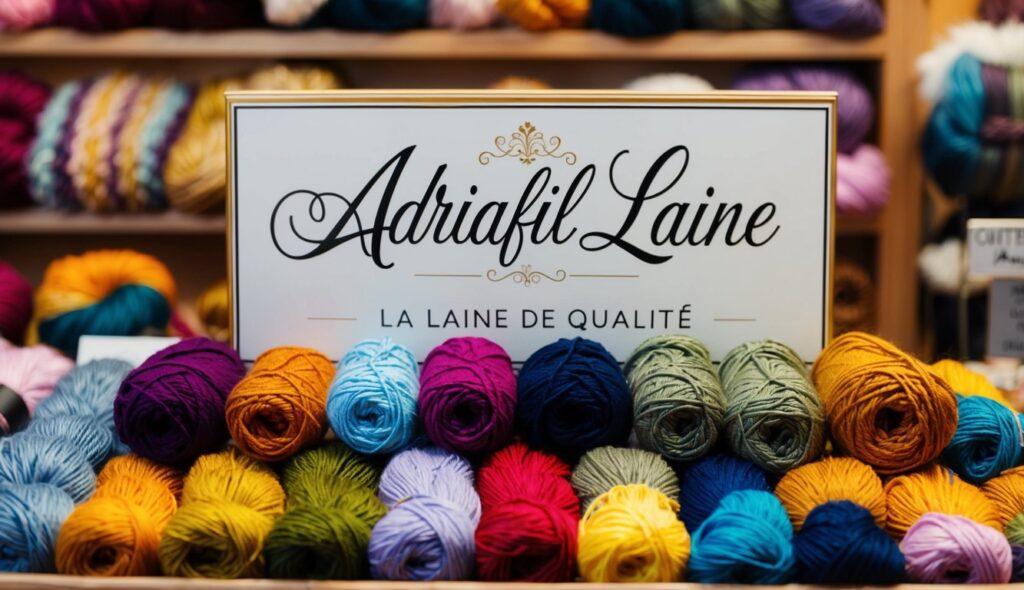 Une boutique de laine chaleureuse remplie de pelotes colorées et un panneau qui indique "Adriafil Laine : La Laine de Qualité" en écriture élégante.