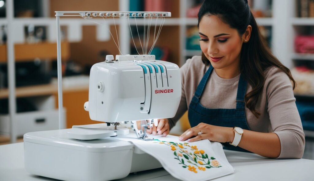 Une couturière utilise une machine à broder Singer pour personnaliser un projet de couture.