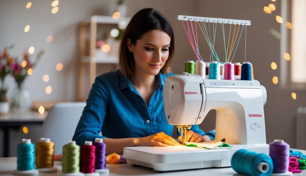 Une femme est assise à une table, concentrée sur sa machine à broder Bernina, entourée de fils colorés et de tissus.