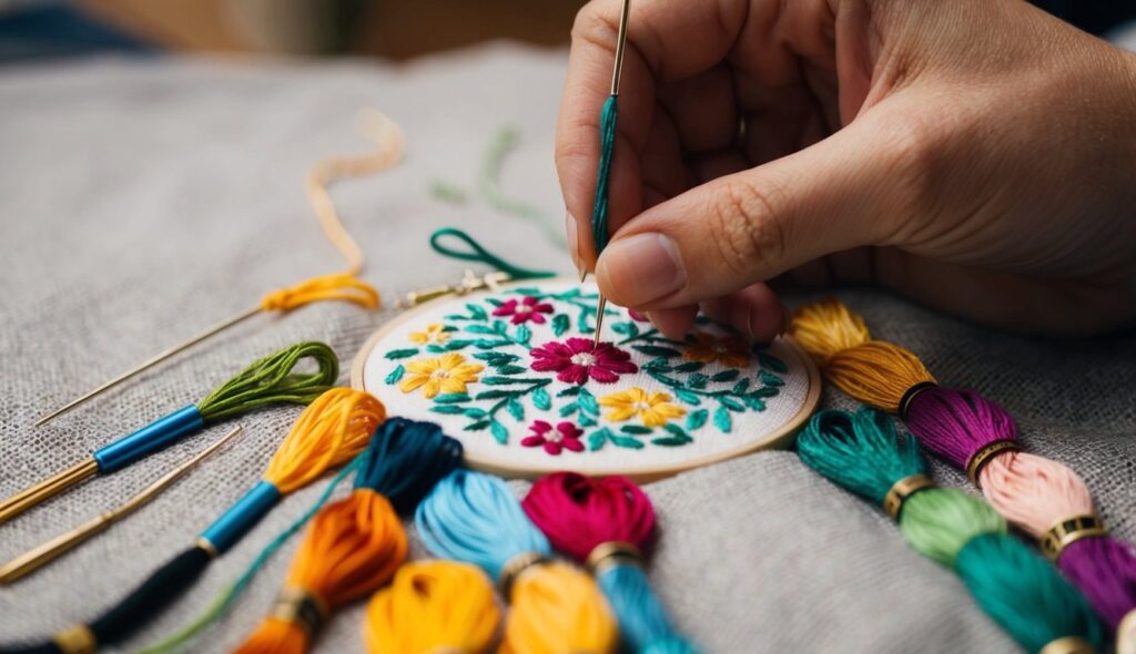 Une femme brode délicatement un motif floral, son aiguille tissant habilement à travers le tissu, créant un magnifique chef-d'œuvre de broderie au point compté.