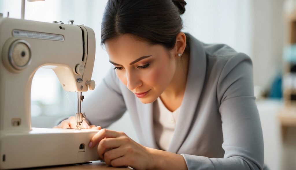 La couturière déverrouille l'aiguille de sa machine à coudre, se concentrant sur la tâche avec précision et soin.