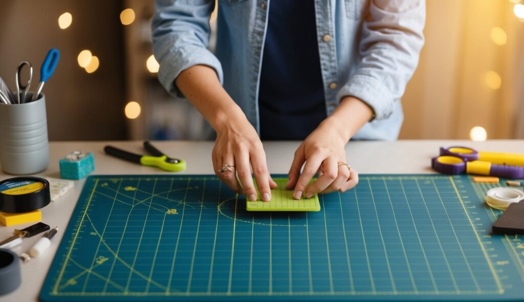 Une personne utilise un tapis de coupe auto-réparant pour travailler sur un projet, entourée de divers outils et matériaux de loisirs créatifs.