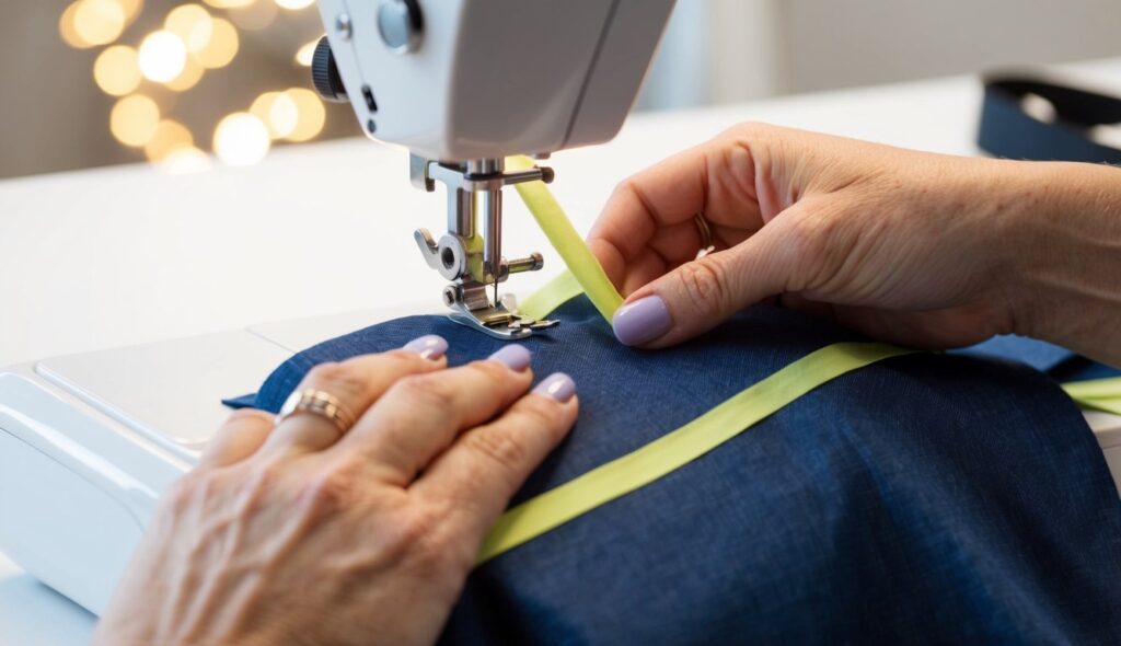 Une couturière fixe méticuleusement du biais, ou ourlet en biais, sur les bords d'un vêtement, obtenant ainsi une finition soignée.