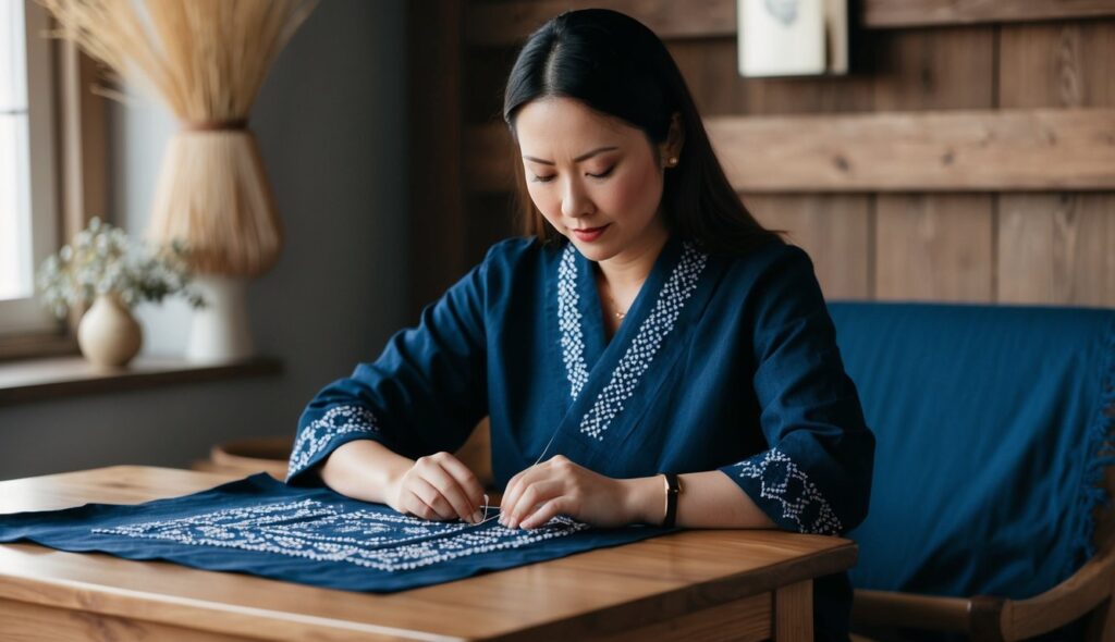 Une femme est assise à une table en bois, cousant méticuleusement du fil blanc dans du tissu indigo, créant une broderie sashiko complexe.