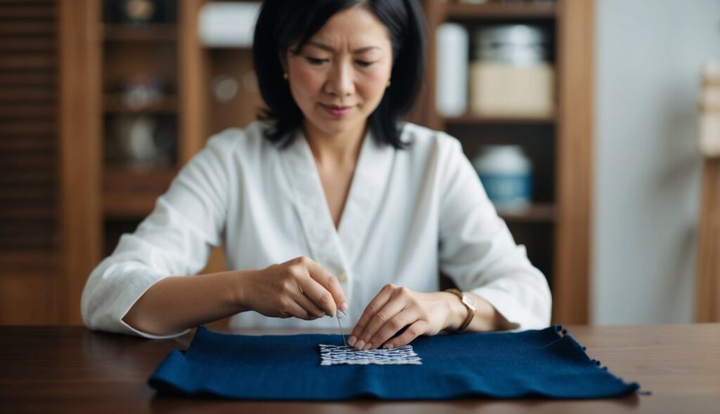 Une femme est assise à une table en bois, aiguille à la main, cousant méticuleusement un motif traditionnel de broderie sashiko sur un morceau de tissu indigo.