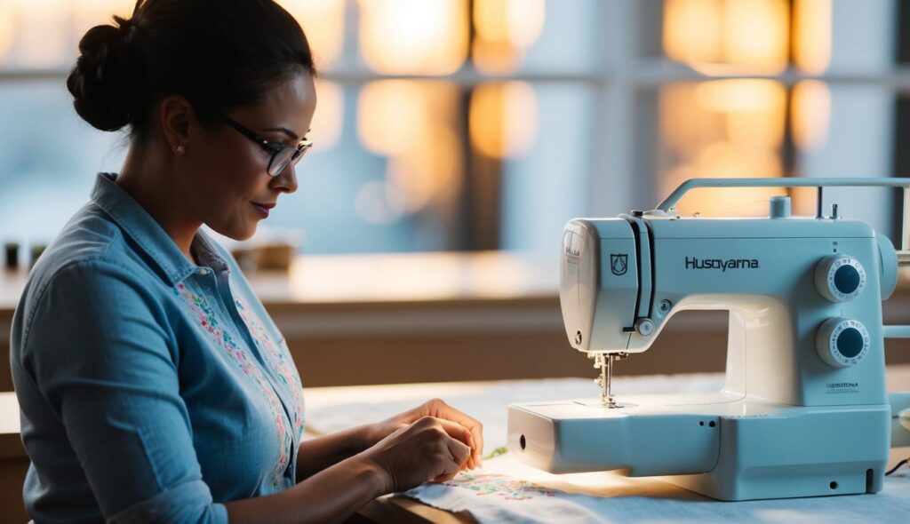 Une couturière utilise avec confiance une machine à coudre Husqvarna, créant des broderies complexes avec précision et aisance.