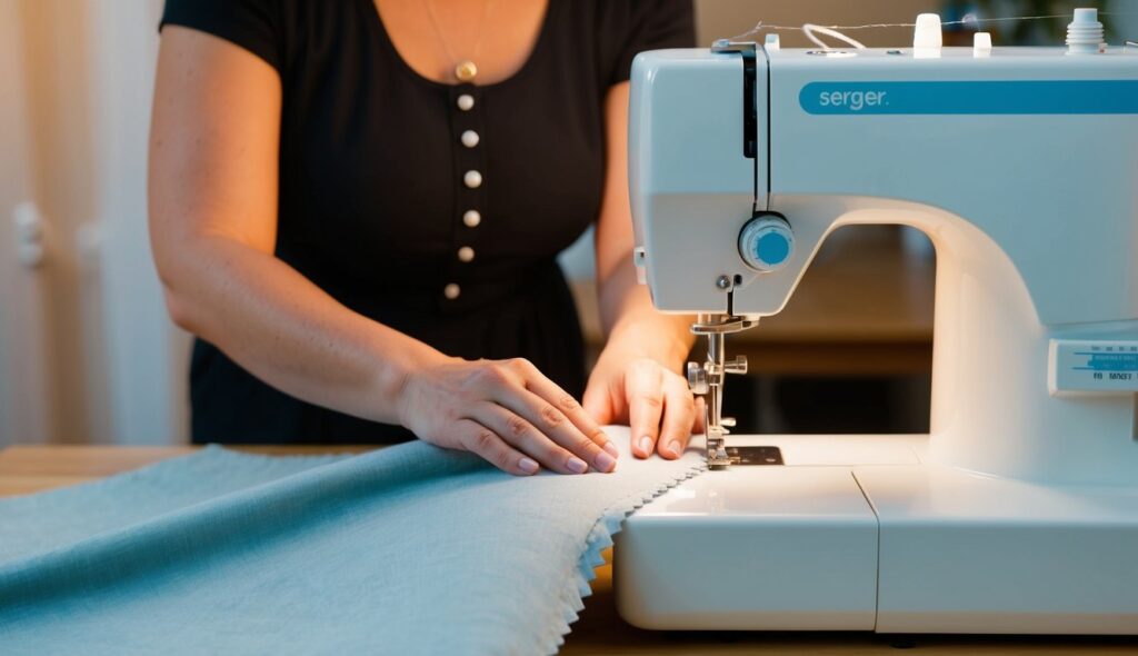 Une couturière utilise une surjeteuse pour assembler le tissu, alimentant soigneusement le matériau à travers la machine pour créer des bords propres et professionnels.