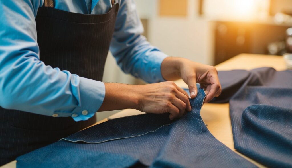 Un tailleur mesure et coupe soigneusement le tissu pour un vêtement, en se concentrant sur l'emmanchure comme une partie essentielle de la construction.