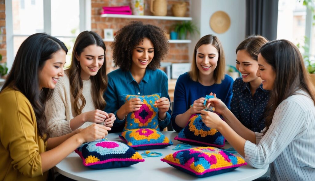 Un groupe d'amis se réunit autour d'une table, travaillant avec enthousiasme sur des kits de coussins à aiguille punch, discutant et riant tout en créant des designs vibrants.