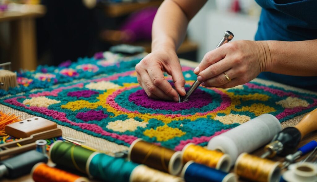 Un artiste du tufting crée soigneusement des motifs complexes, entouré de fils colorés et d'une variété d'outils.