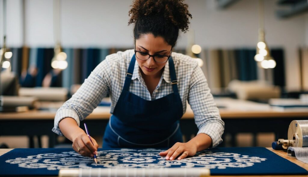 Un artiste du tufting conçoit soigneusement des motifs complexes, concentré et immergé dans le processus de création.