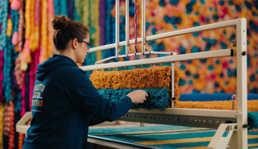 Une personne utilise un cadre de tufting, créant un design texturé avec de la laine colorée, sur un fond vibrant d'art.