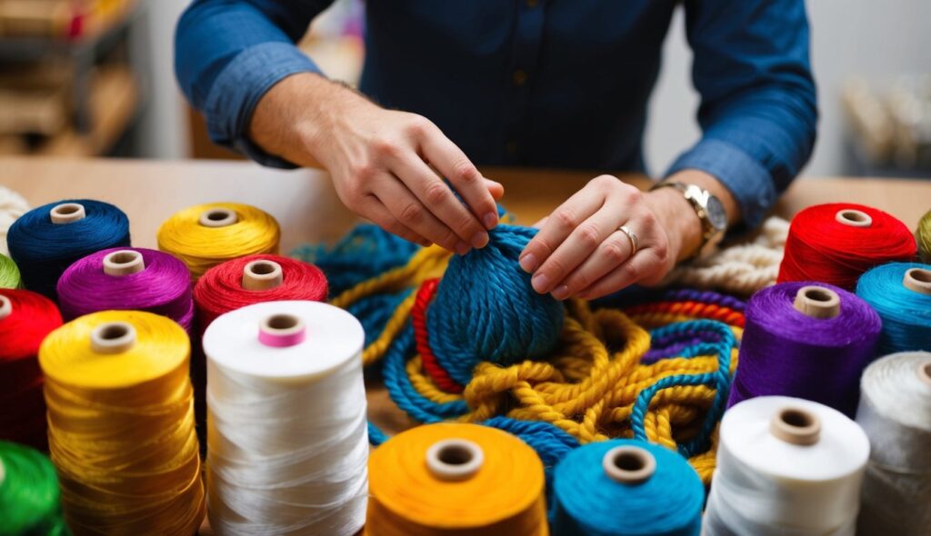 Une personne choisit soigneusement des fils et des laines de tufting colorés pour un nouveau projet.