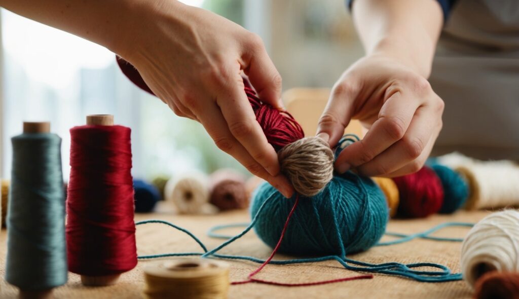 Une personne choisit soigneusement des fils et des laines de tufting colorés pour un nouveau projet.