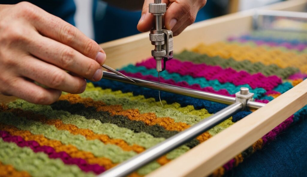 Une personne guide soigneusement une aiguille à travers le tissu sur un cadre de tufting, créant un motif texturé avec de la laine colorée.