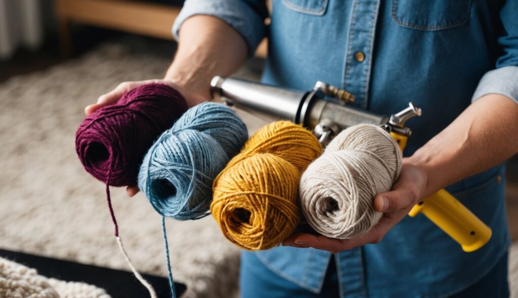 Une personne tient différents types de laine pour le tufting, y compris de la laine, du coton et de l'acrylique, avec une machine à tufting et du tissu en arrière-plan.