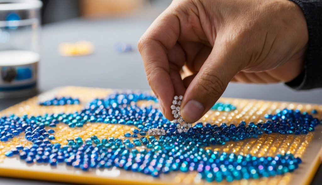 Une personne place soigneusement de petits diamants colorés sur une toile adhésive, créant une peinture texturée dans l'art connu sous le nom de La Broderie Diamant ou Diamond Painting.