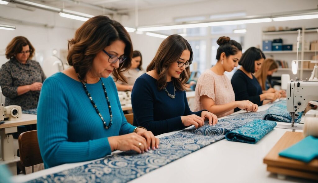 Un groupe de personnes se rassemble dans un atelier de couture lumineux et animé, entouré de tissus et de motifs colorés, alors qu'elles apprennent l'art du patronage en couture.