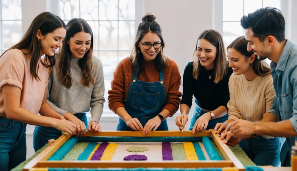 Un groupe d'amis se réunit autour d'un cadre de tufting, discutant et riant alors qu'ils travaillent ensemble sur leurs projets de tufting colorés.