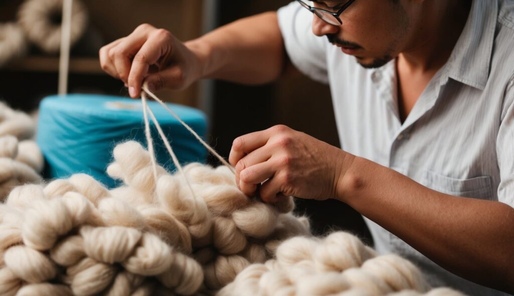 Un travailleur carde soigneusement des fibres de laine pour obtenir une texture lisse et uniforme en vue de les filer en fil.